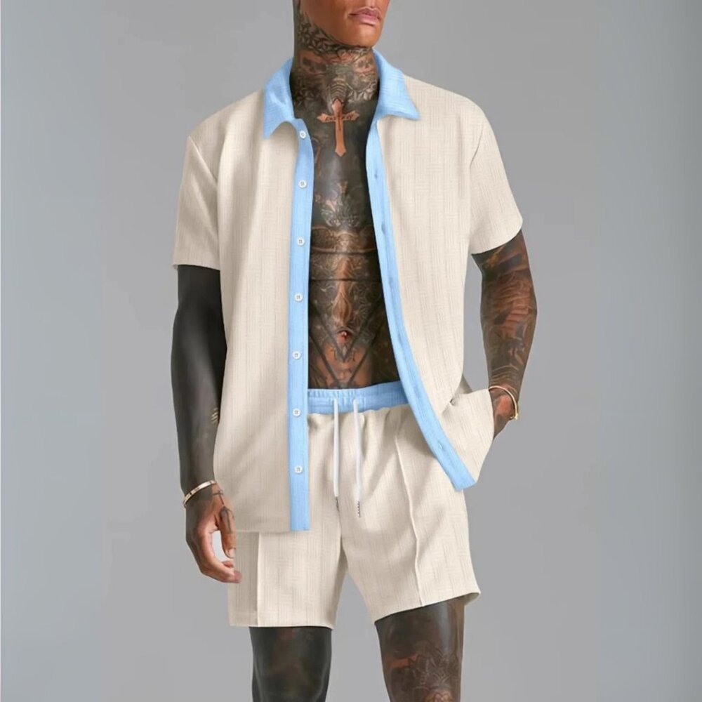 Men's Tan w/ Light Blue Contrast Collared Neck Short Sleeve Top & Shorts Outfit